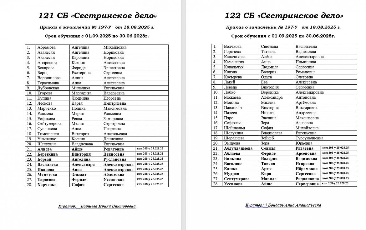 Списки студентов 1 курса