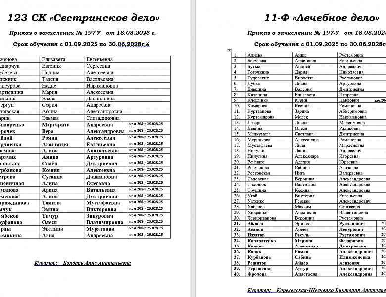 Списки студентов 1 курса